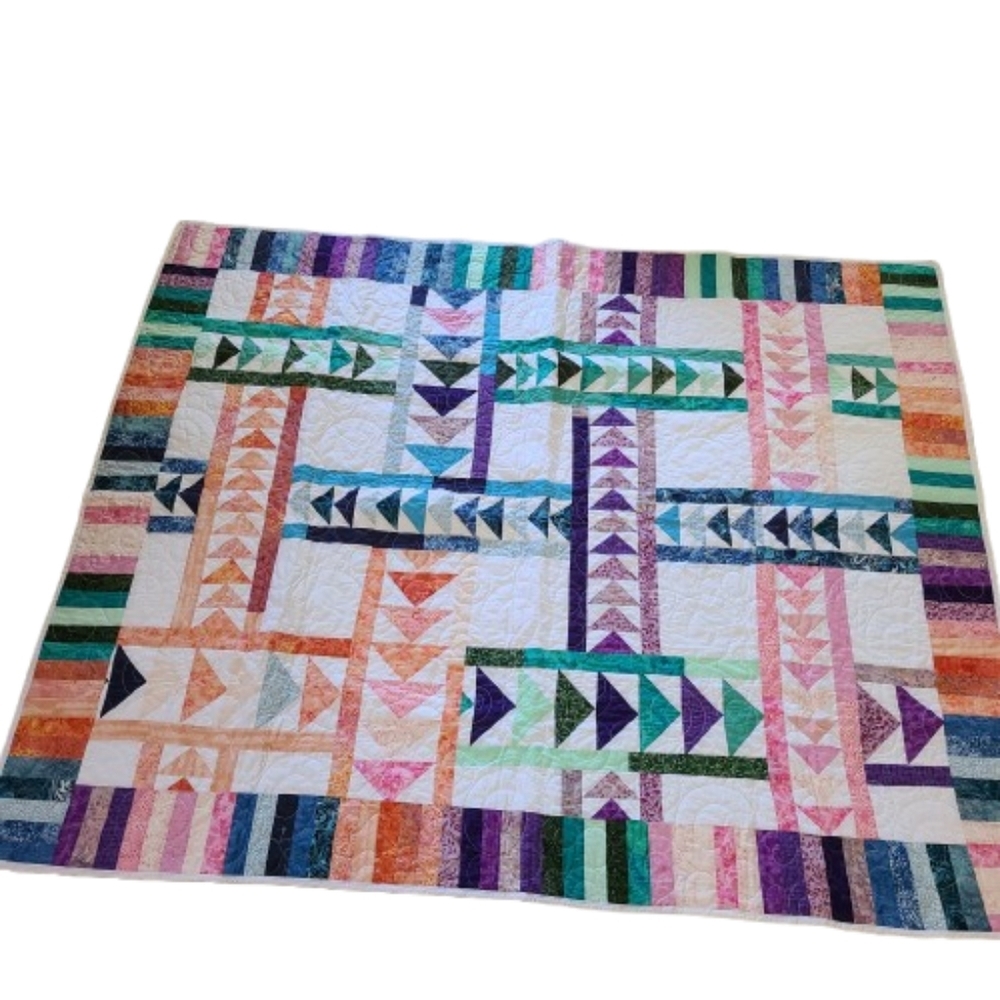 Handmade quilt arrows triangles and stripes multicolor cotton approx 57" x 70"